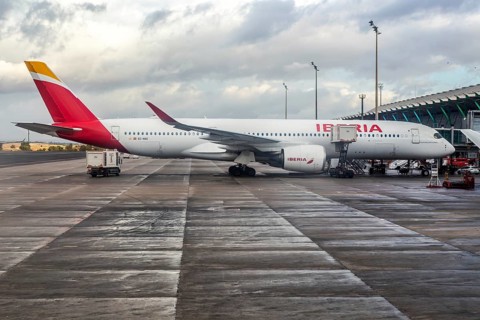 Iberia Airbus A350 passenger aircraft, Terminal 4, Adolfo Suárez Madrid–Barajas airport, Madrid,