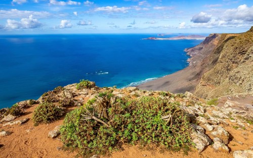 View from the Castillejo viewpoint from the Risco de Famara cliffs to the coast and the sea with