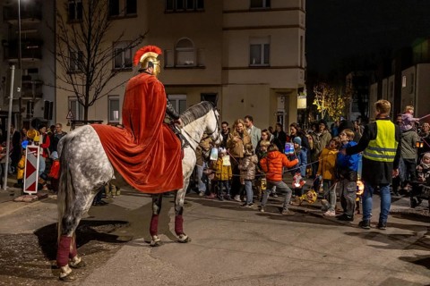 Martinszug in Essen-Rüttenscheid, the parish of St. Lambertus, Saint Martin actor on a horse, with