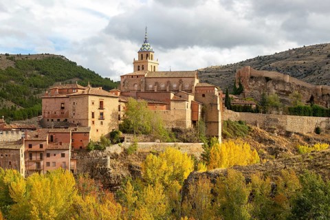 Historic buildings on hillside medieval village of Albarracin, Teruel province, Aragon, Spain