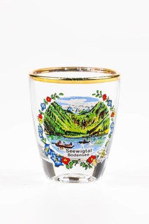 Schnapps glass with Seewigtal Lake Constance landscape motif, framed by colorful flowers