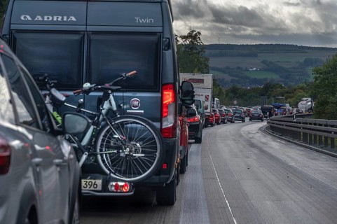 Traffic jam on the A9 motorway, Hof, Upper Franconia, Bavaria, Germany