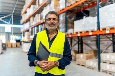 Experienced logistics manager standing in distribution warehouse, holding a clipboard and