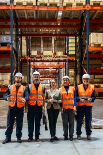 Diverse group of warehouse employees and a manager posing, smiling, and looking at the camera,