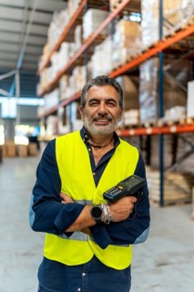 Middle aged man wearing safety vest and holding a barcode scanner, smiling, while standing with