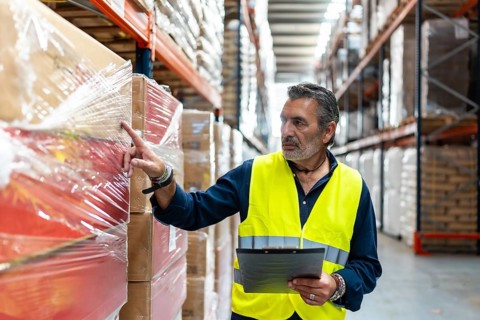 Male logistics manager in safety vest with clipboard inspecting wrapped boxes on warehouse racks,