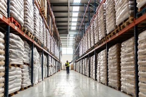 Man in safety vest reviewing stock levels and goods stored on tall shelves inside a large