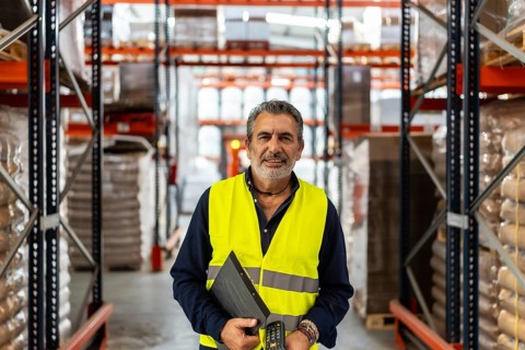 Experienced male manager holding a clipboard and scanner, standing in a busy logistics warehouse