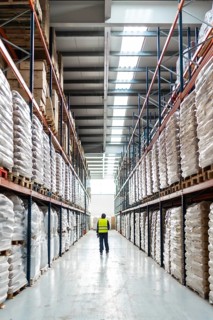 Warehouse worker in high visibility vest walks down a long aisle of towering racks filled with