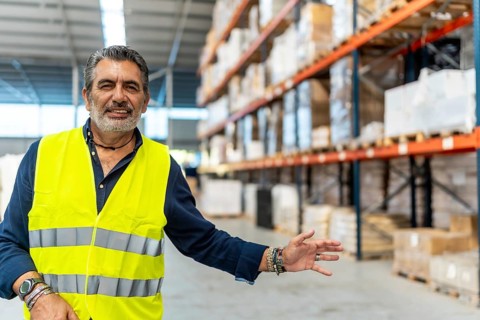 Senior hispanic man in a safety vest smiling while presenting warehouse operations and showing