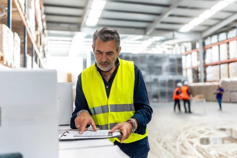 Experienced manager wearing a high visibility safety vest confirming details on a clipboard while
