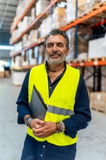 Mature warehouse manager smiling in safety vest with clipboard, standing confidently in busy aisle