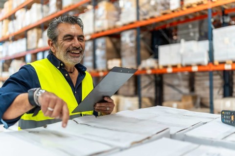 Male logistics supervisor wearing safety vest pointing and holding clipboard, smiling while