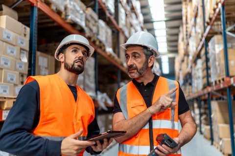 Two male warehouse workers wearing safety vests and hard hats discussing inventory with a digital
