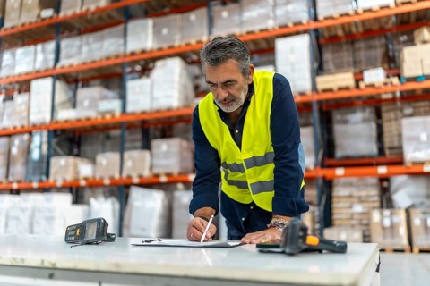 Male worker in a high visibility vest in a large warehouse checking inventory, scanning and