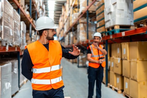 Two male warehouse workers in hard hats and safety vests discuss inventory in a busy distribution