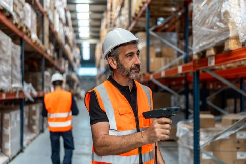 Warehouse worker wearing a white hard hat and orange safety vest scanning a package with a handheld