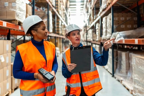 Diverse team of women workers wearing safety vests and hard hats, collaborating and pointing to