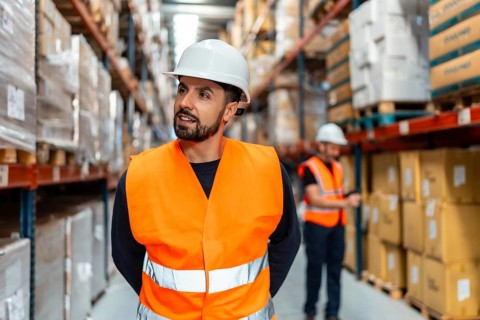 Young man wearing a hard hat and safety vest standing in a logistics warehouse with shelves stacked