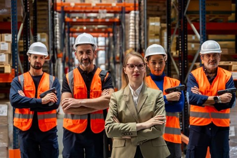 Female warehouse manager standing confidently with crossed arms in front of her diverse team of