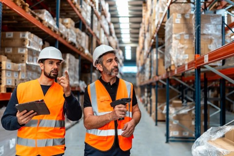 Two male warehouse workers discussing inventory management, using a digital tablet and barcode