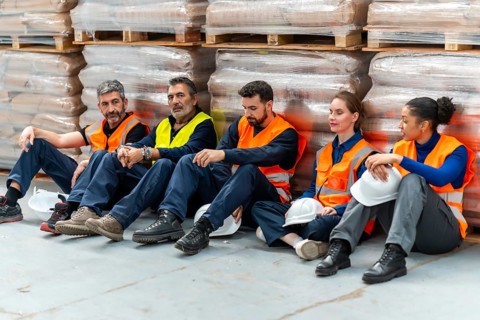 Logistics team of diverse male and female employees in safety vests and uniforms sitting on the