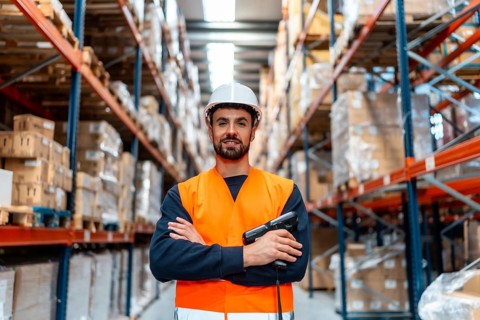 Male logistics worker in safety helmet and uniform smiles with crossed arms and a handheld barcode