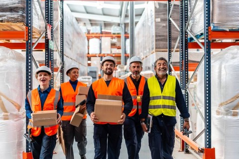 Happy multi ethnic logistics team and manager in helmets and reflective vests walking warehouse