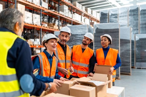 Group of happy diverse workers wearing safety vests and hard hats collaborating on packaging