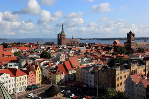 City panorama from above, Stralsund, Hanseatic City of Stralsund, Vorpommern-Rügen District,