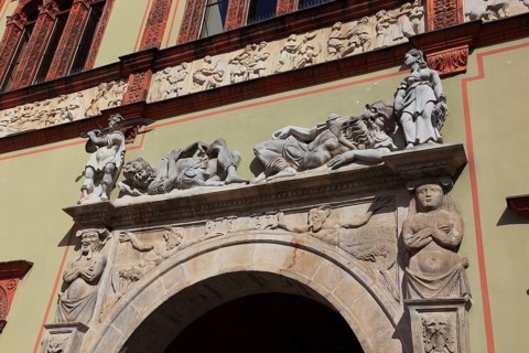 Façade of the Fürstenhof in Wismar, portal design of the passageway, Renaissance monument, district