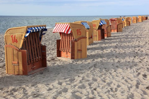 Empty, locked beach chairs on the beach, beach chair, sandy beach, Baltic Sea, Poel island,