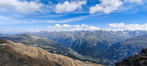 Scenic view from Gaislachkogel over the Ötztal Alps and down into the Ötztal near Sölden, Tyrol,