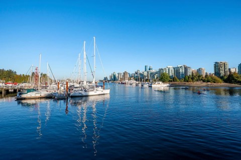 Skyscrapers and sailboats in the marina, Vancouver skyline reflected in the ocean, Coal Harbour,