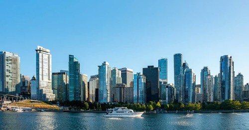 Skyline, skyscrapers on the promenade, Coal Harbour, Vancouver, British Columbia, Canada