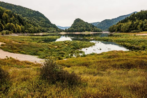 Picturesque mountain lake with water reflections in autumn, Lac de Kruth-Wildenstein, Kruth,