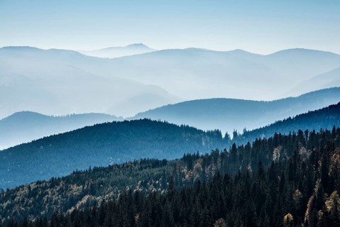 Staggered mountain ranges in haze, at Hohneck, Col de la Schlucht, Vosges, Alsace-Lorraine, Vosges