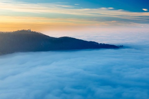 Inversion weather, fog, sunset, view from Breitenstein, Teck Castle, autumn, Ochsenwang, Swabian