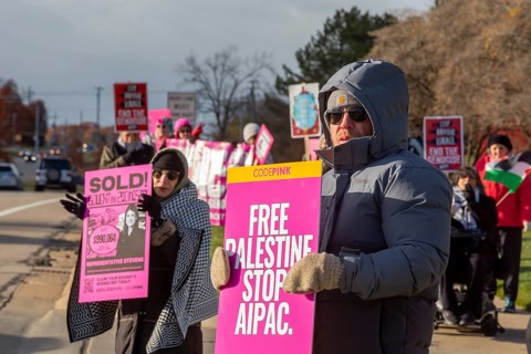 Farmington Hills, Michigan USA - 10 November 2025 - Activists picket U.S. Senator Haley Stevens'