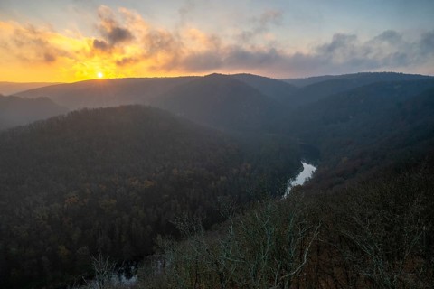 Sunrise, sun rising over hills, Thayatal National Park, Lower Austria, Austria