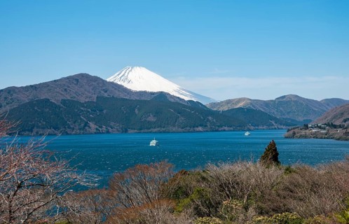 View of Lake Ashi with Mount Fuji volcano, Benten-no-hana Tenbodai viewpoint, Hakone Park, Hakone,