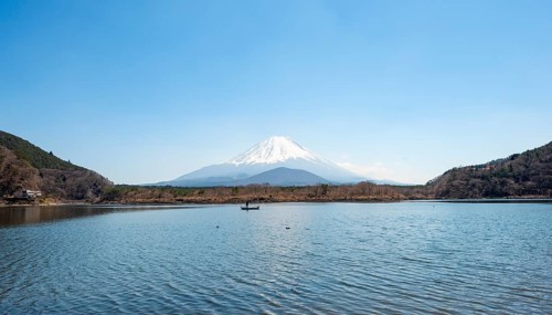 View across the lake to Mt Fuji volcano, Motosu Lake, Yamanashi Prefecture, Japan