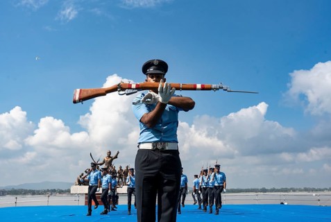 Indian Air Force personnel performs a bayonet drill demonstration on the bank of Brahmaputra river,