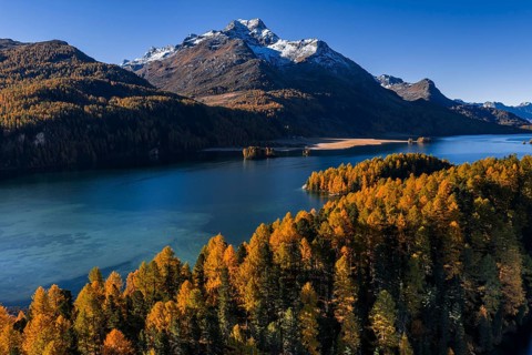 Mountain landscape, mountain lake, larch forest, autumn, autumn color, morning light, sunny, aerial