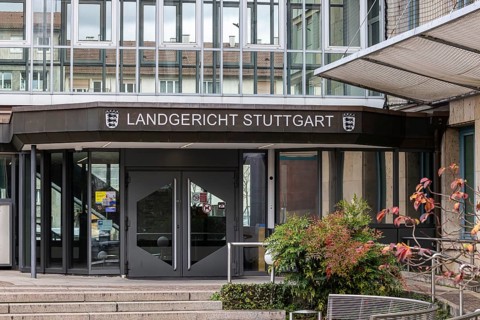 Stuttgart Regional Court. Lettering on the courthouse. Stuttgart, Baden-Württemberg, Germany