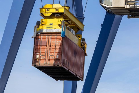 Container handling in the port of Mannheim. The port of Mannheim is one of the largest inland ports