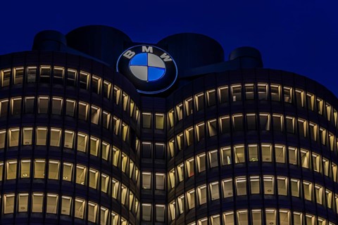 Illuminated offices at BMW headquarters, BMW four-cylinder, Petuelring, Munich, Upper Bavaria,