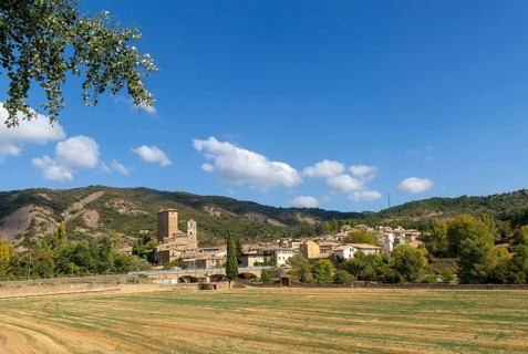 Landscape view from countryside of medieval village of Biel, Cinco Villas, Zaragoza province,