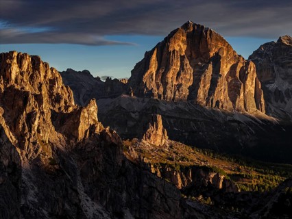 Mountain landscape, morning light, cloud atmosphere, autumn, aerial view, Giau Pass, view of Tofana