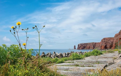 Wide, sunny coastline with concrete tetrapods by the sea, coastal protection, paved coastal strip